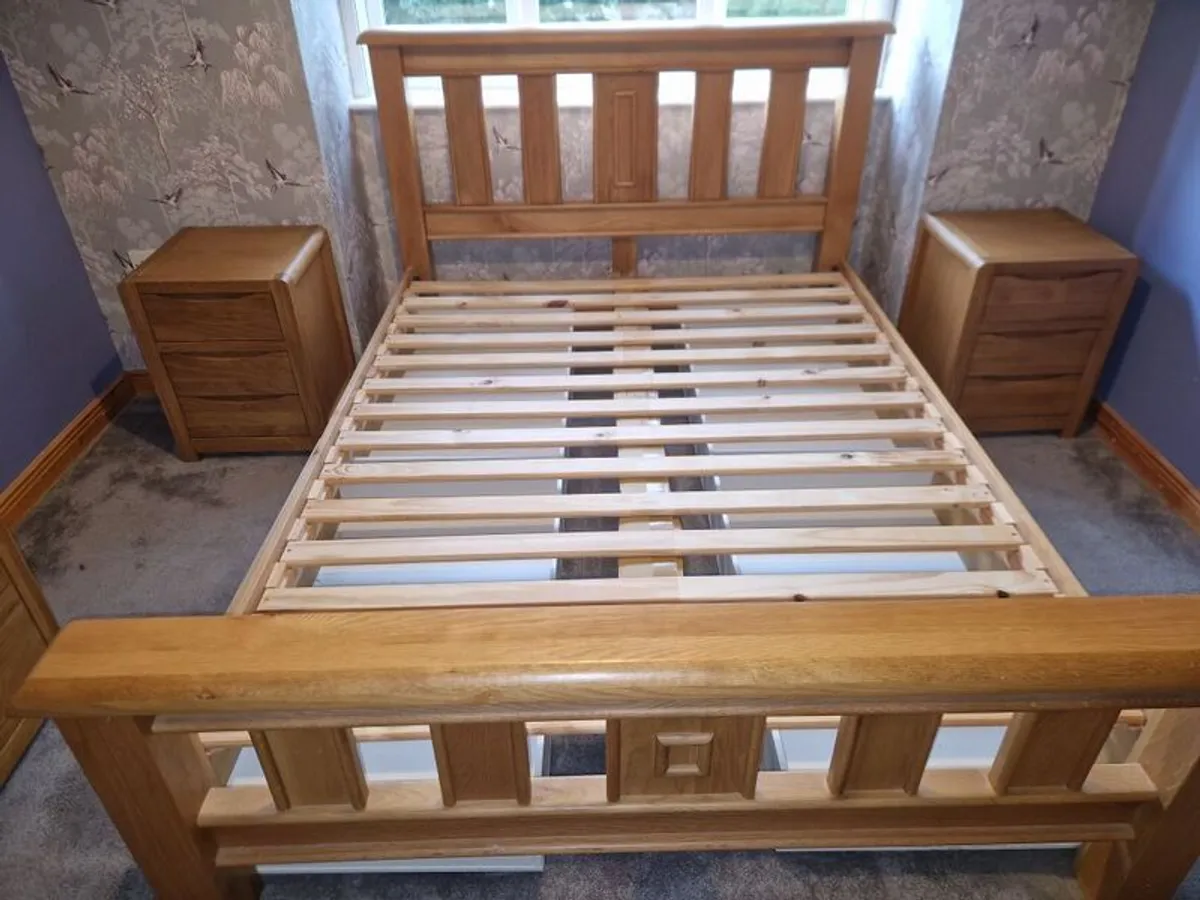 Oak Bedframe and bedside lockers full set - Image 1