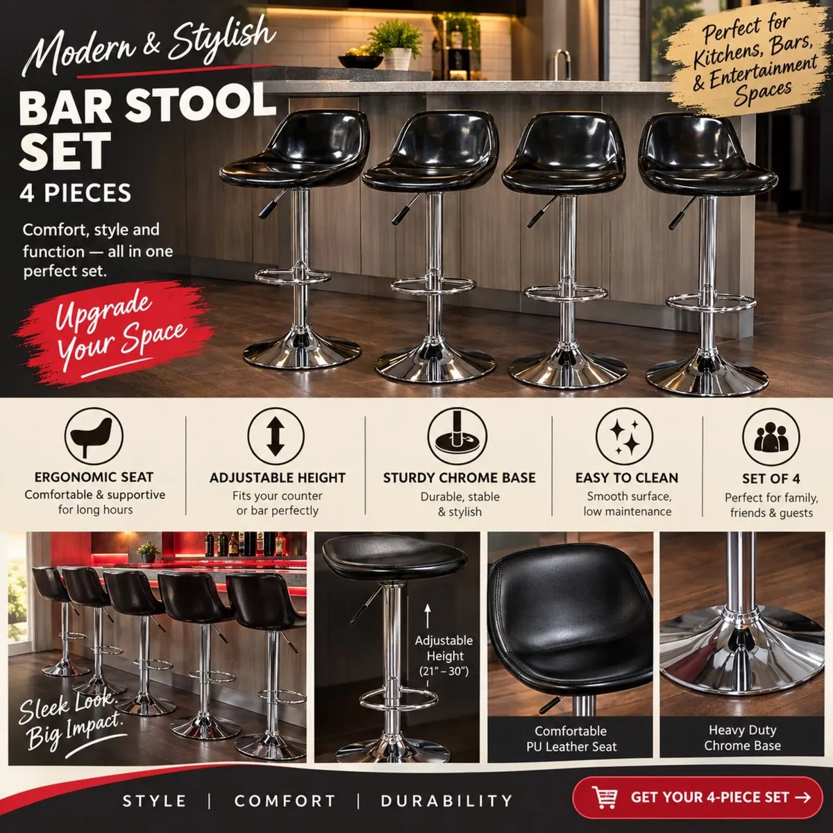 4 Black Chrome Swivel Bar Kitchen Stools - Image 1