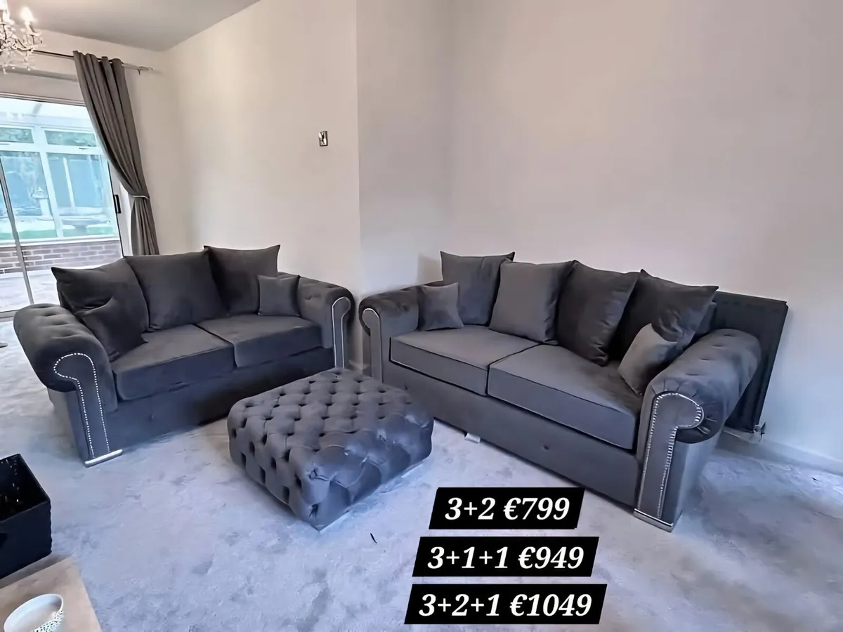 Olympia Grey & Cream Chesterfield Fabric Sofa Set - Image 4