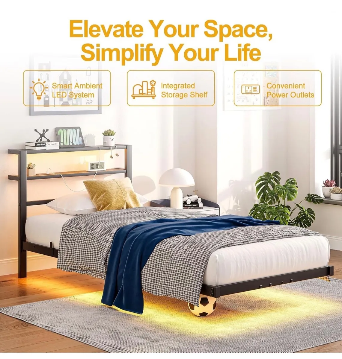 Single Floating Metal Bed Frame with LED Lights St - Image 4