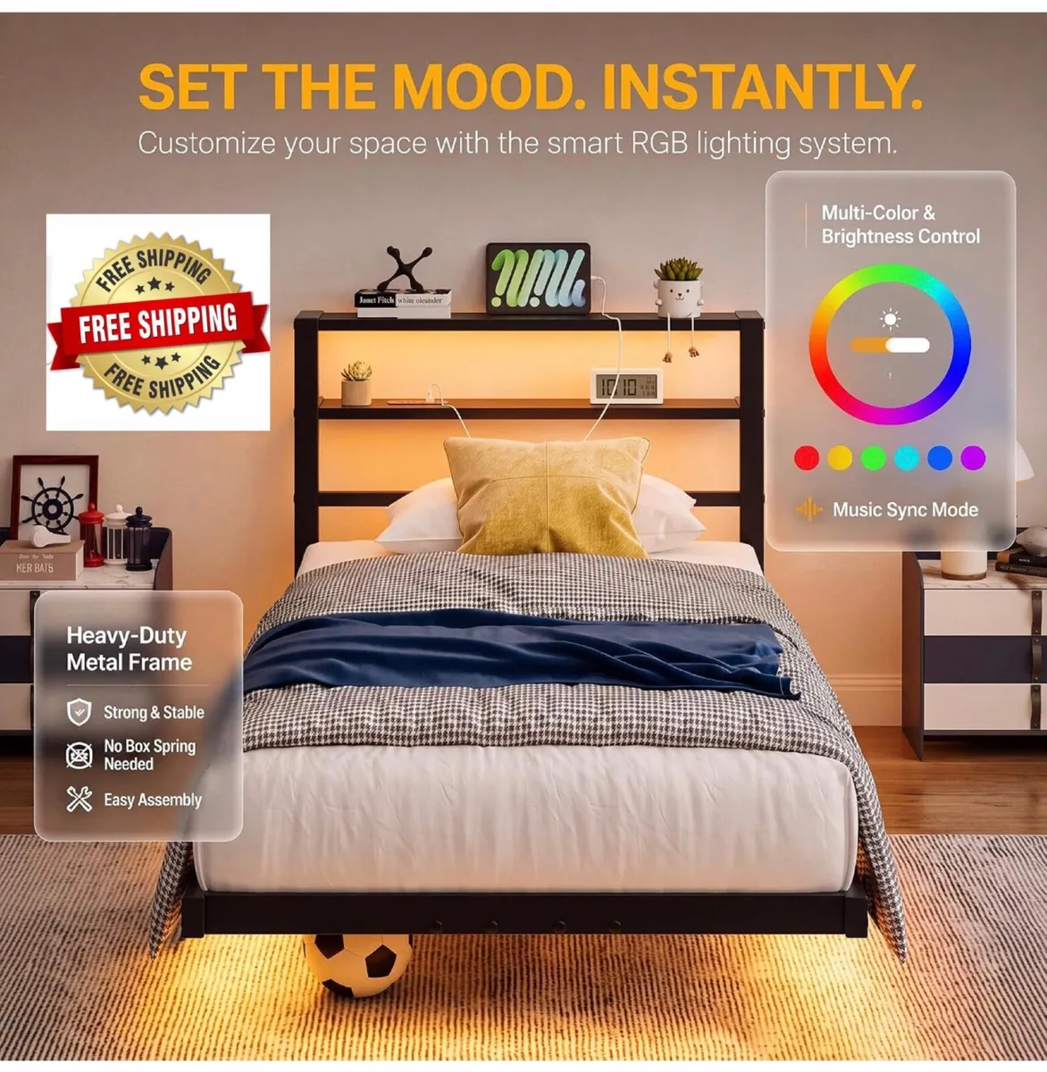 Single Floating Metal Bed Frame with LED Lights St - Image 1