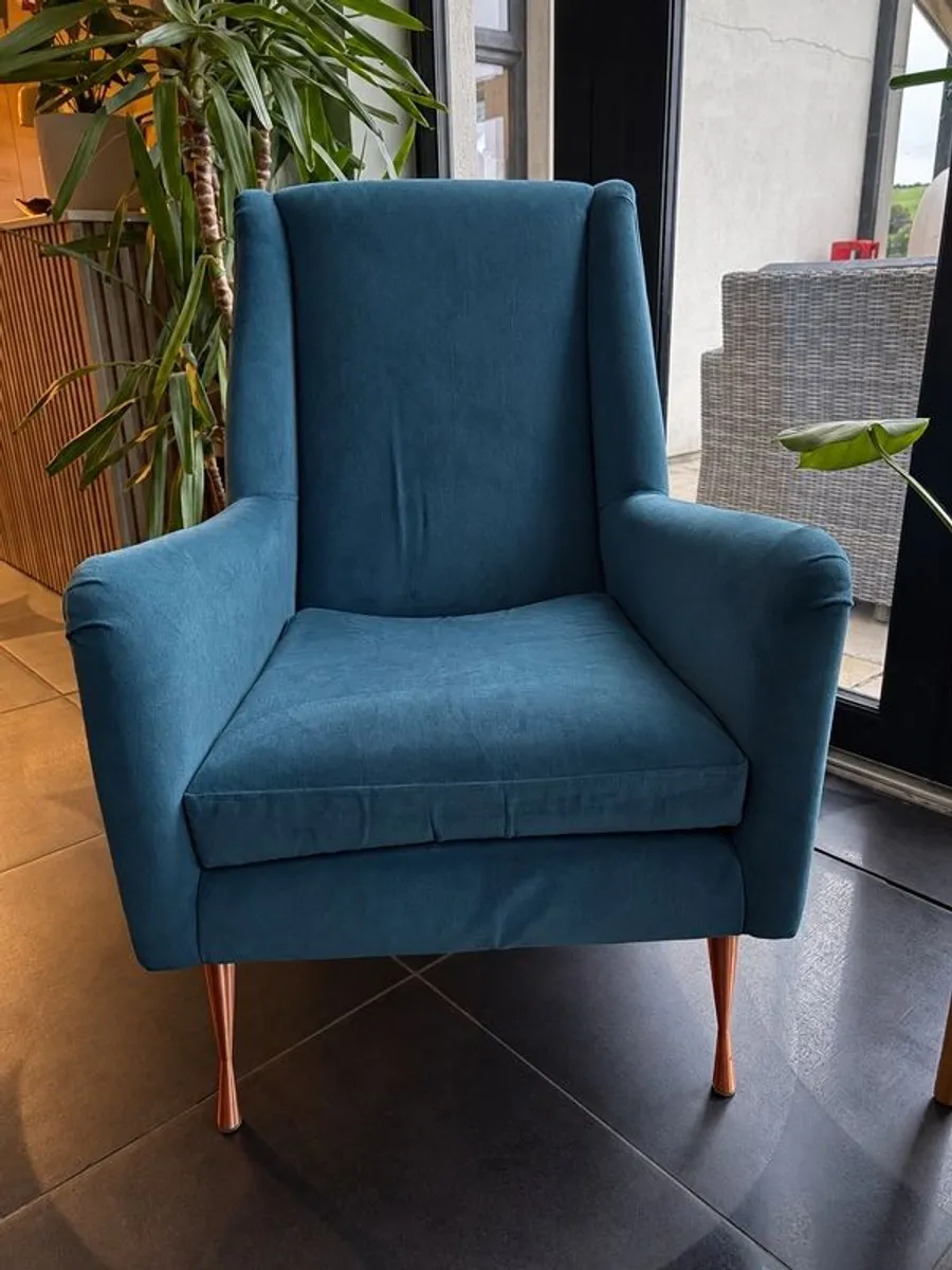 DFS Teal Blue Armchair with Matching Footstool Copper Legs - Image 1