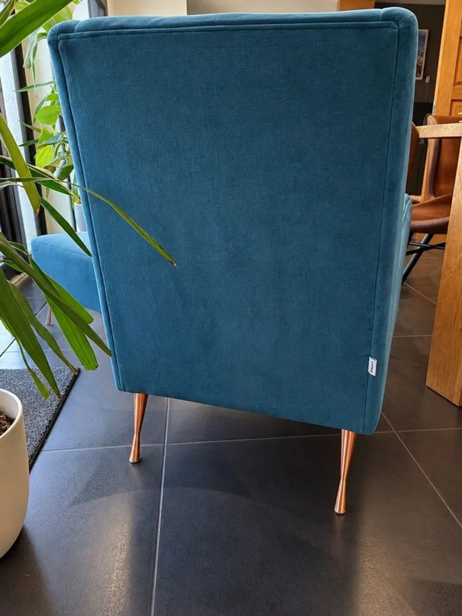 DFS Teal Blue Armchair with Matching Footstool Copper Legs - Image 2