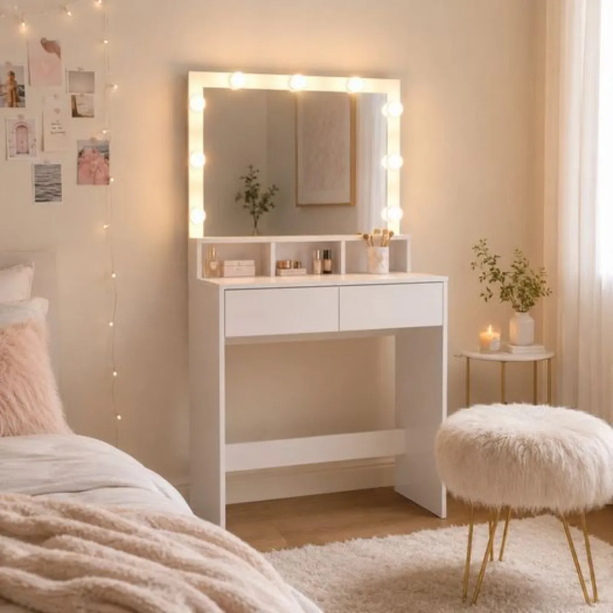 White Dressing Table with Hollywood LED Mirror - Image 1