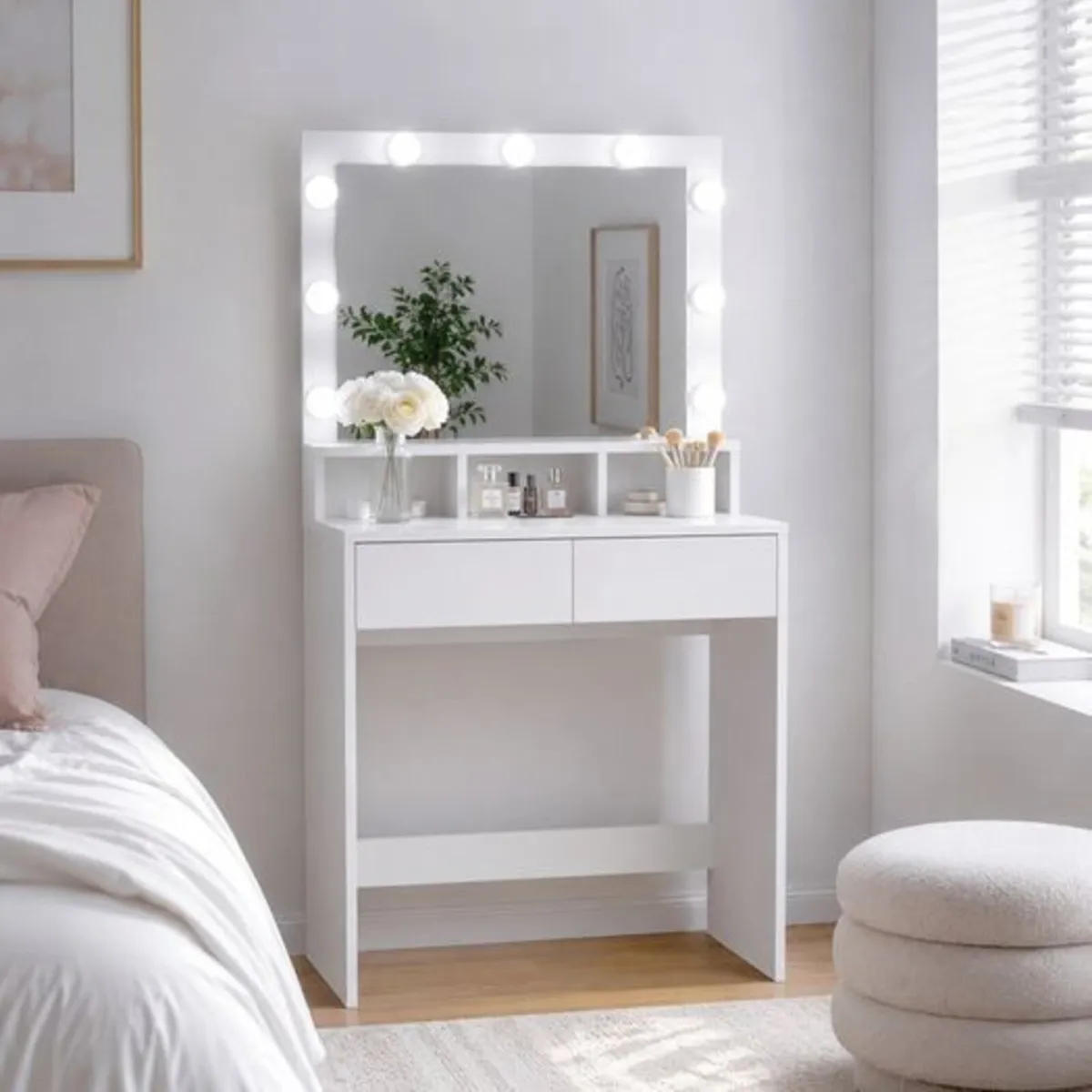 White Dressing Table with Hollywood LED Mirror - Image 2