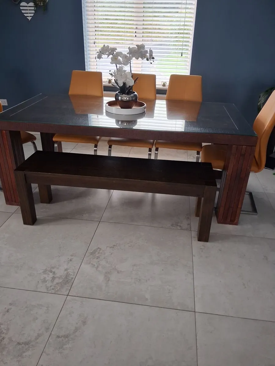 Dining room table, 5 chsirs and footstool - Image 1