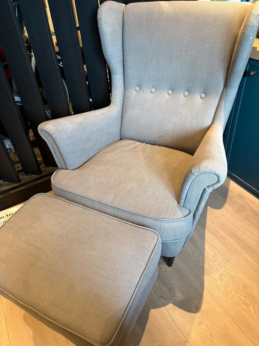 Two Ikea Strandmon arm chairs and foot stools - Image 2