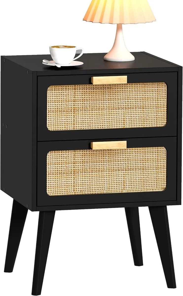 Rattan Bedside Table Wooden Side Boho - Image 1