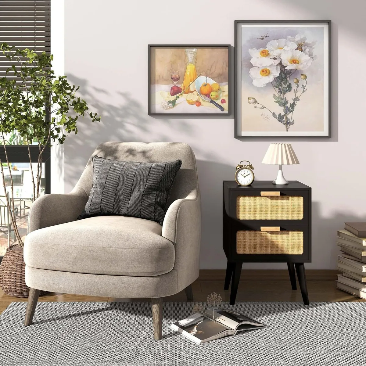 Rattan Bedside Table Wooden Side Boho - Image 2