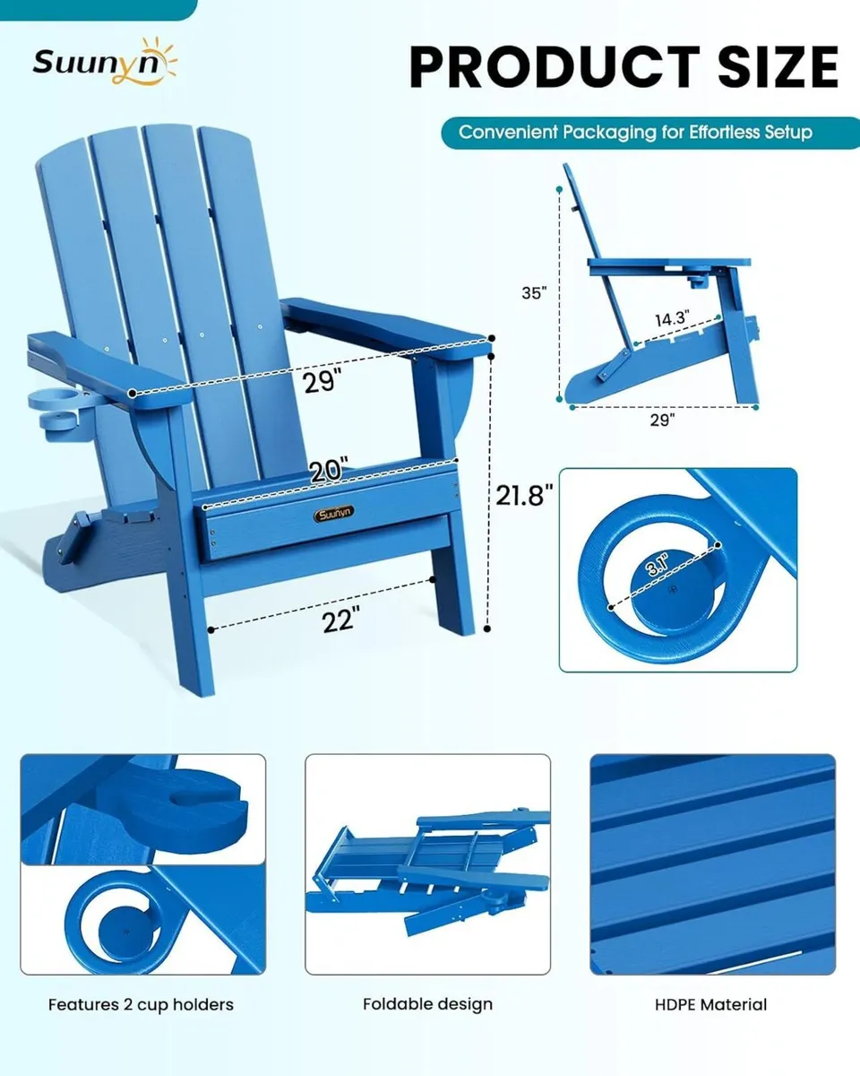 Folding Adirondack Chair Hdpe 2 Cup Holders Ocean - Image 3