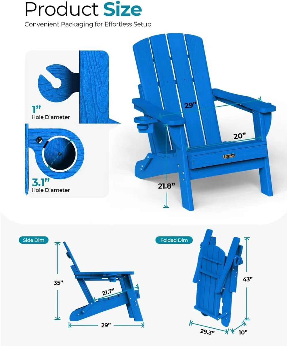 Folding Adirondack Chair Hdpe 2 Cup Holders Ocean - Image 4