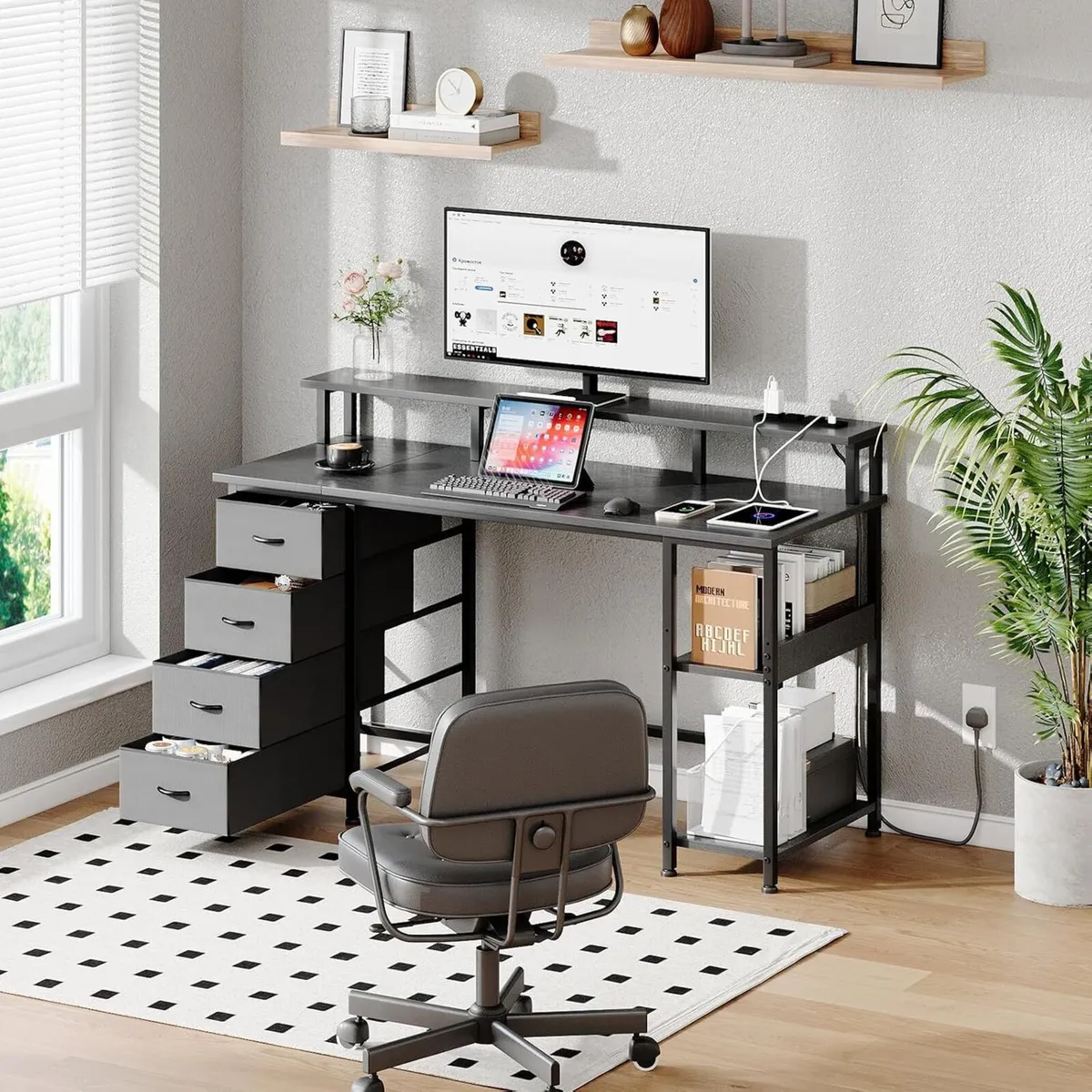 120CM Computer Desk with 4 Drawers Power Outlets - Image 2