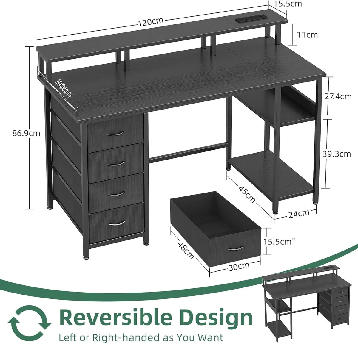 120CM Computer Desk with 4 Drawers Power Outlets - Image 3