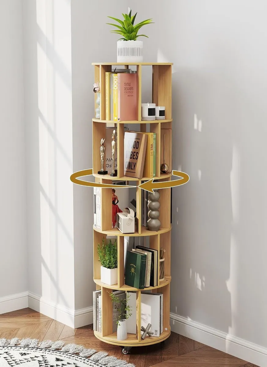 5 Tier Rotating Bookcase Original Wood Colour - Image 2