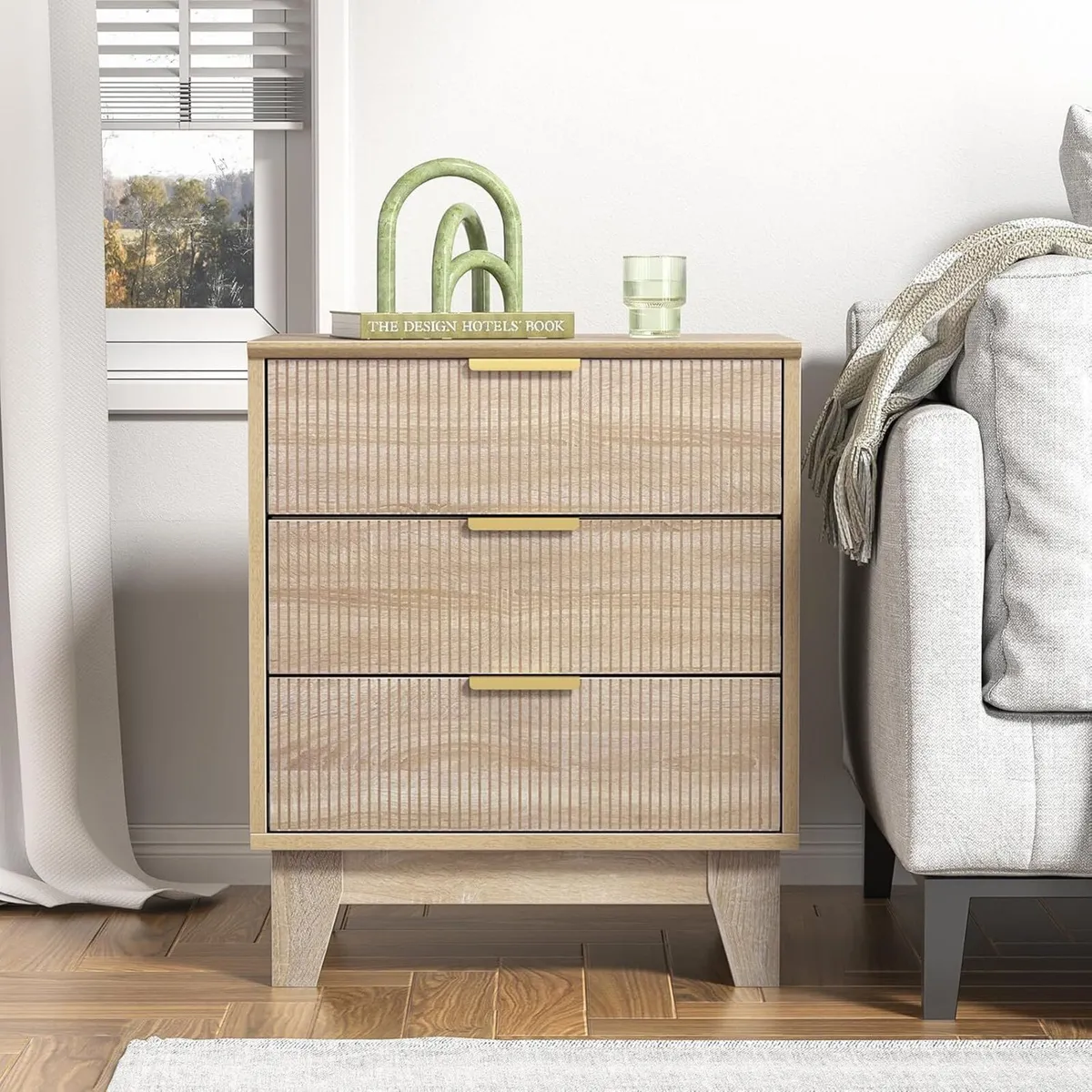 Fluted Nightstand with 3 Drawers Modern Bedside - Image 4