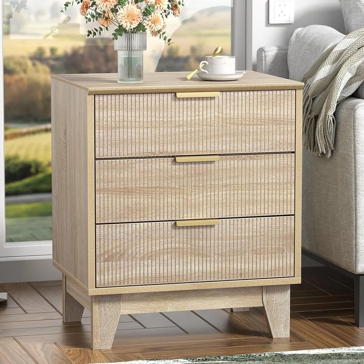 Fluted Nightstand with 3 Drawers Modern Bedside - Image 1