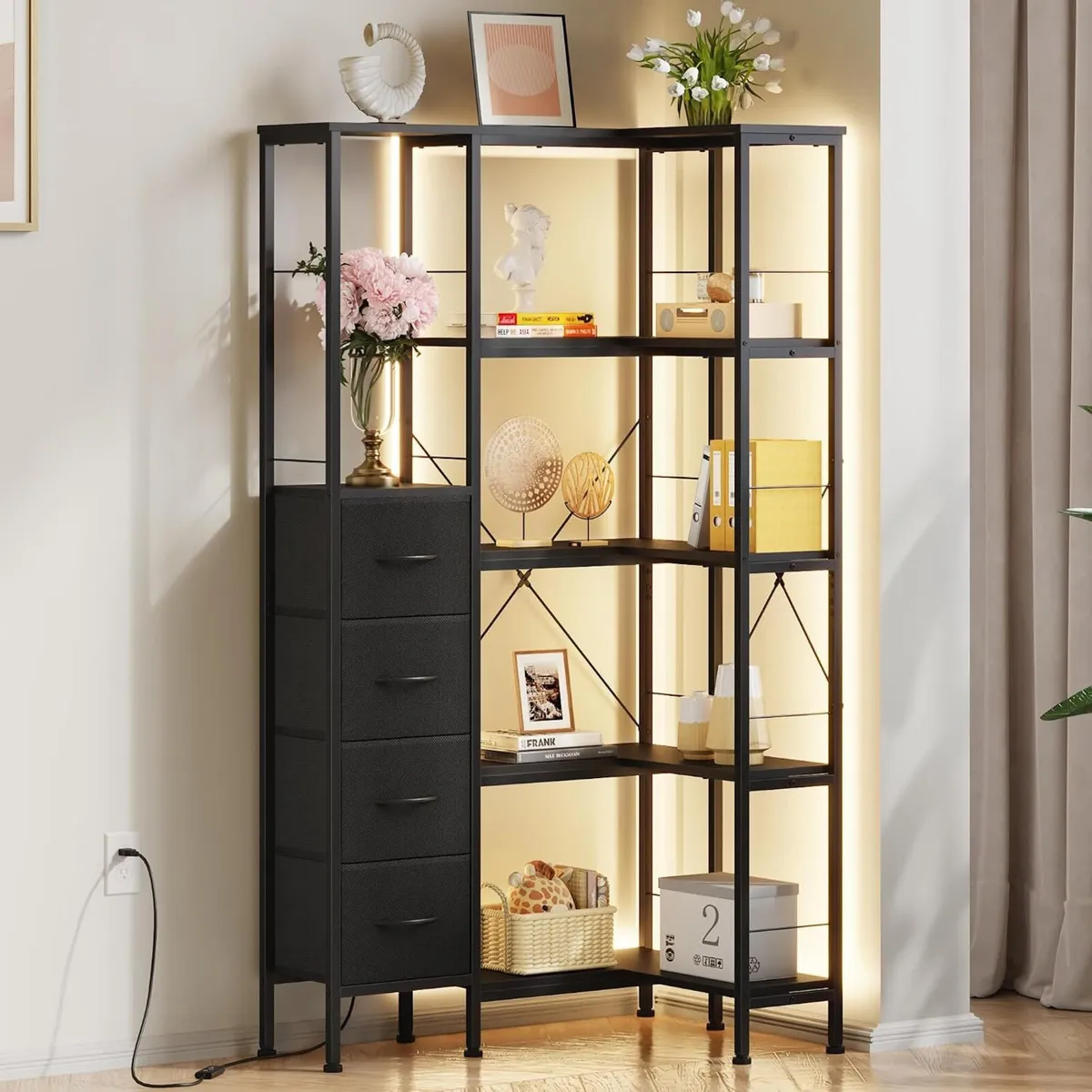 Corner Bookshelf Unit with 4 Fabric Drawers LED - Image 1