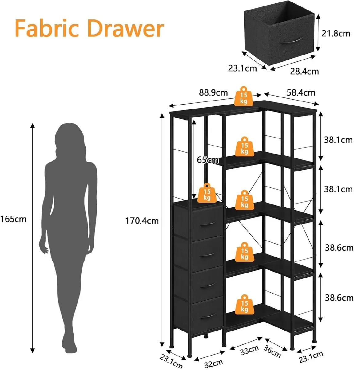 Corner Bookshelf Unit with 4 Fabric Drawers LED - Image 2