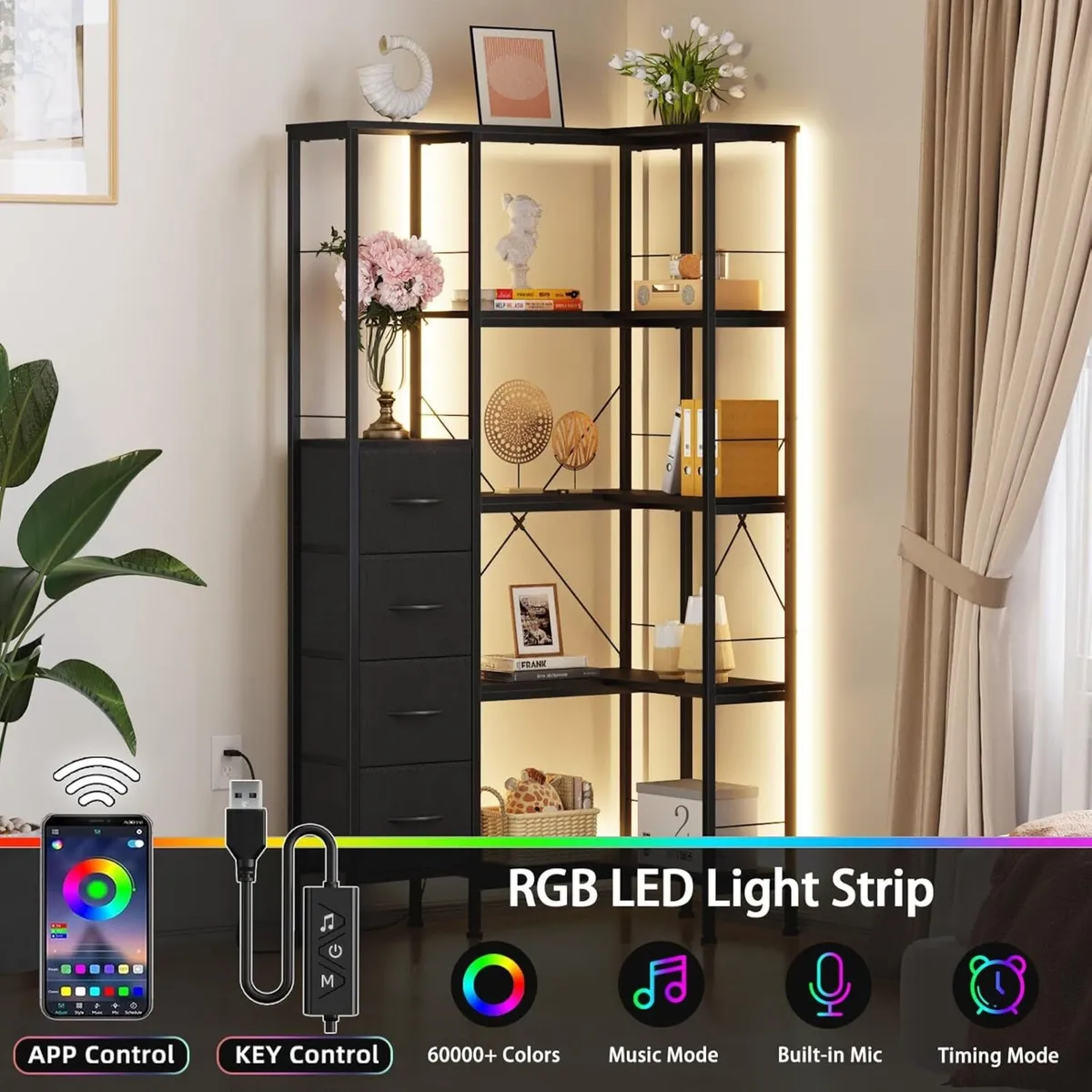 Corner Bookshelf Unit with 4 Fabric Drawers LED - Image 3