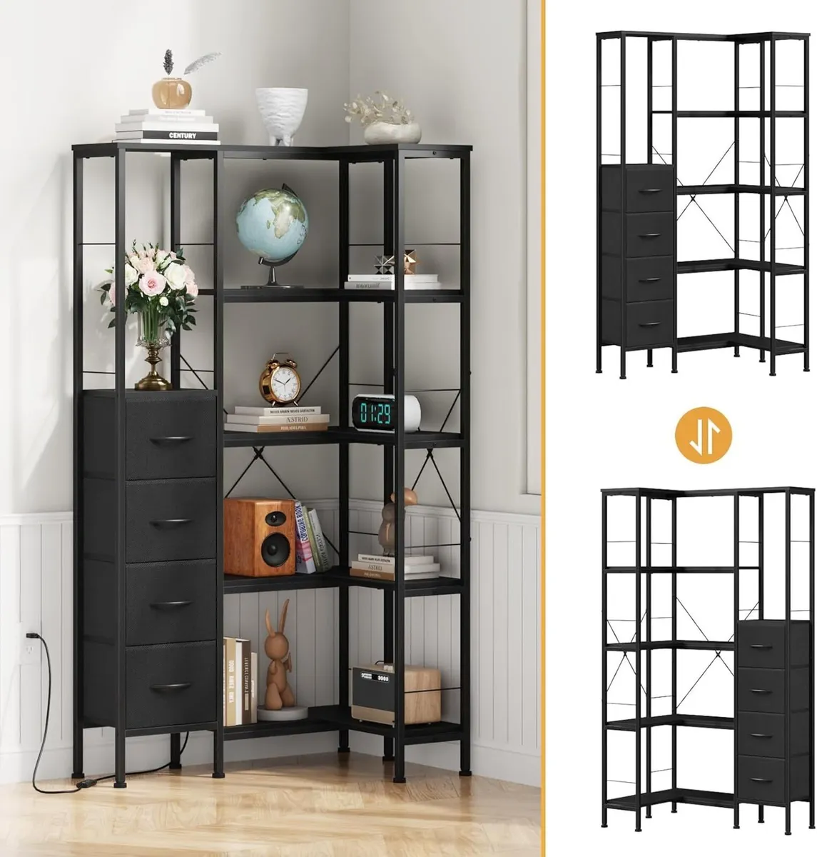 Corner Bookshelf Unit with 4 Fabric Drawers LED - Image 4