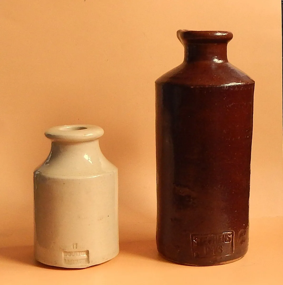 2 Small Antique Glazed Stoneware Ink Bottles - Image 1