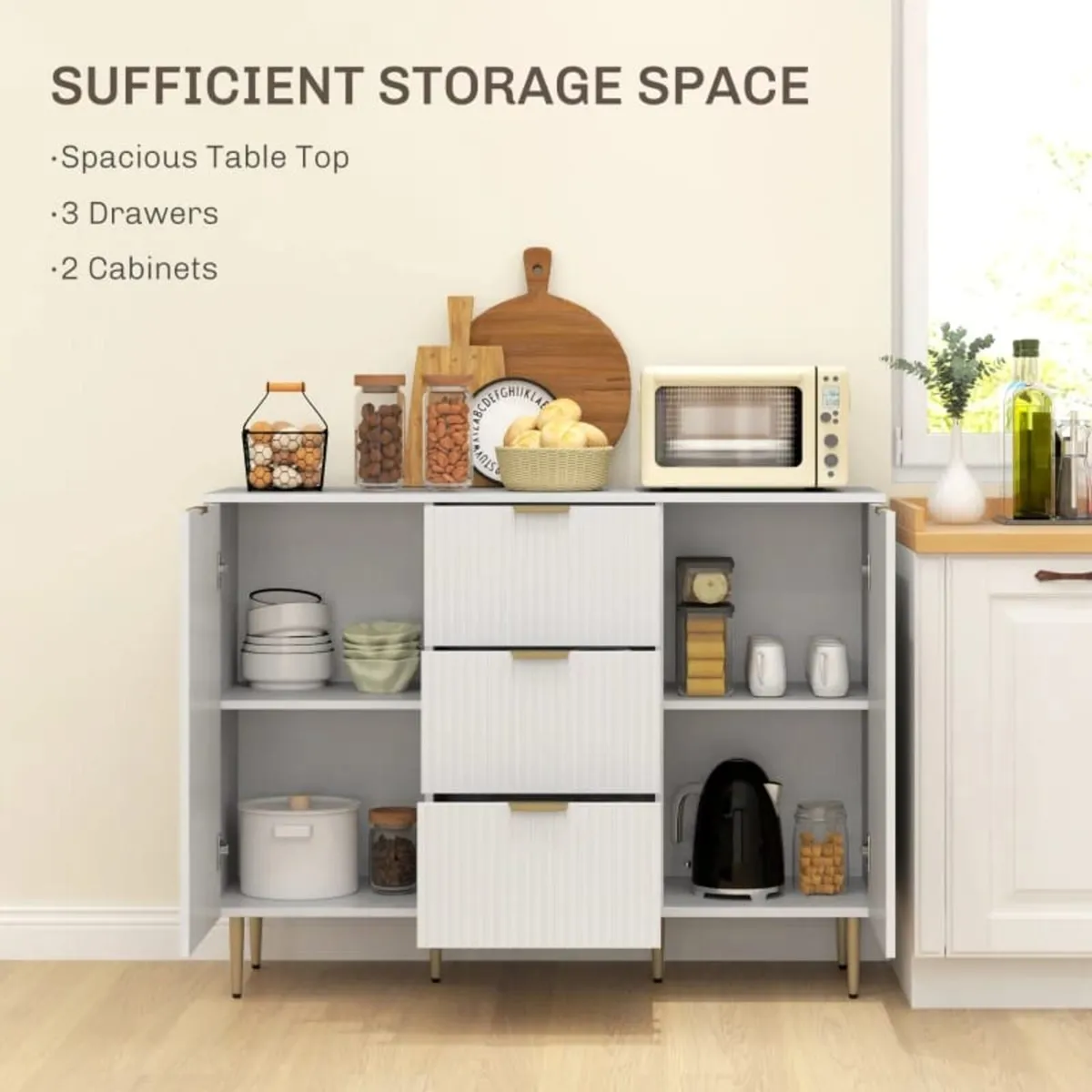 2-Door Sideboard with 3 Drawers and Adjustable She - Image 3