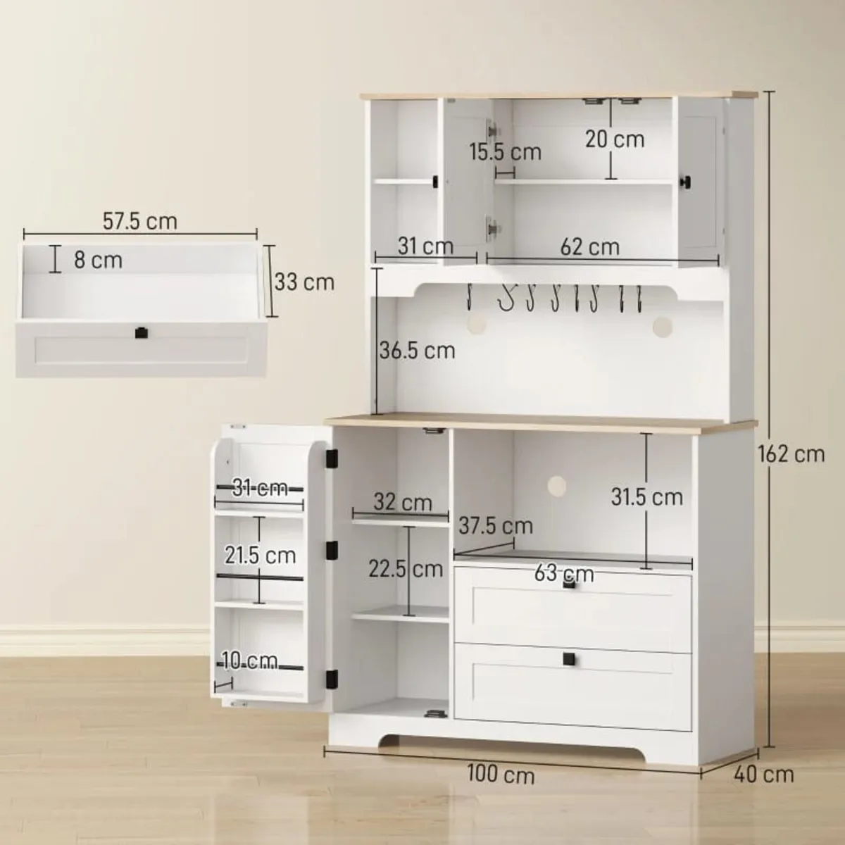 Pantry Cabinet with 3 Doors 2 Drawers 3 Door Shelv - Image 2