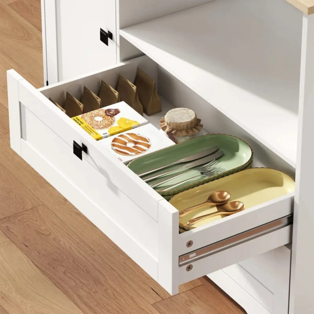 Pantry Cabinet with 3 Doors 2 Drawers 3 Door Shelv - Image 3