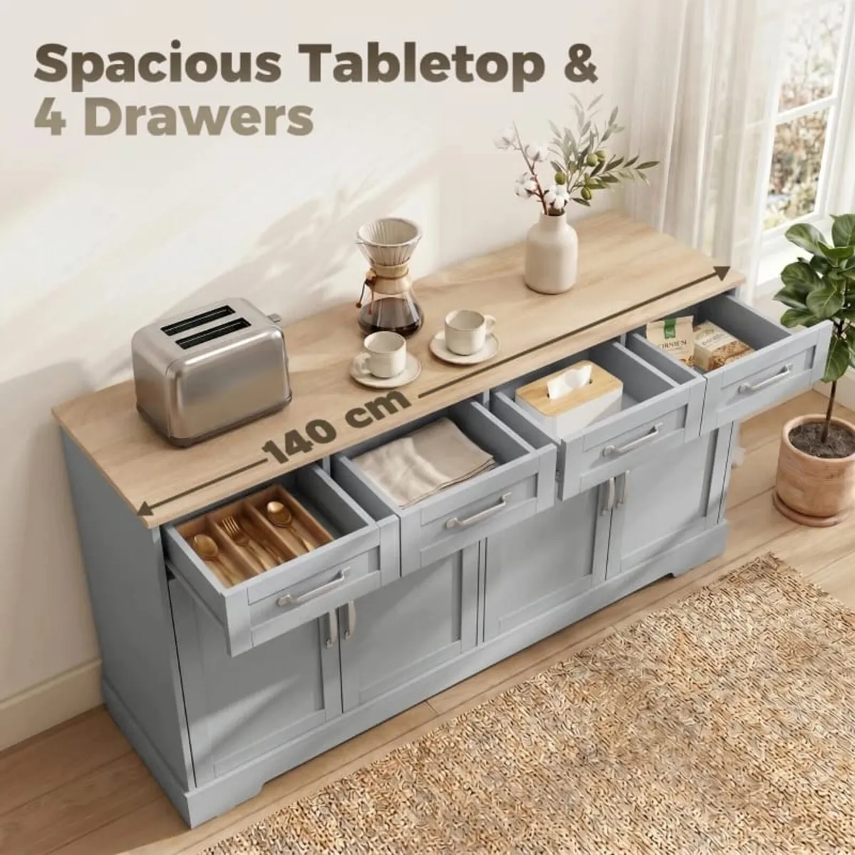 Sideboard Buffet Cabinet, 140 cm Kitchen Storage C - Image 3