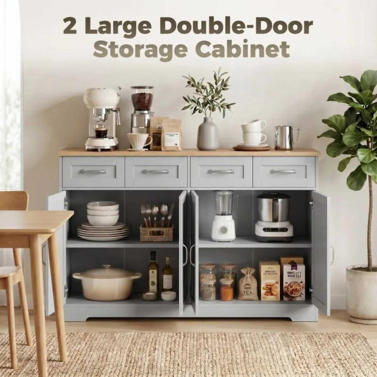 Sideboard Buffet Cabinet, 140 cm Kitchen Storage C - Image 4