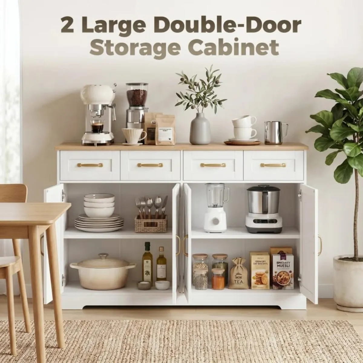 Sideboard Buffet Cabinet, 140 cm Kitchen Storage C - Image 2