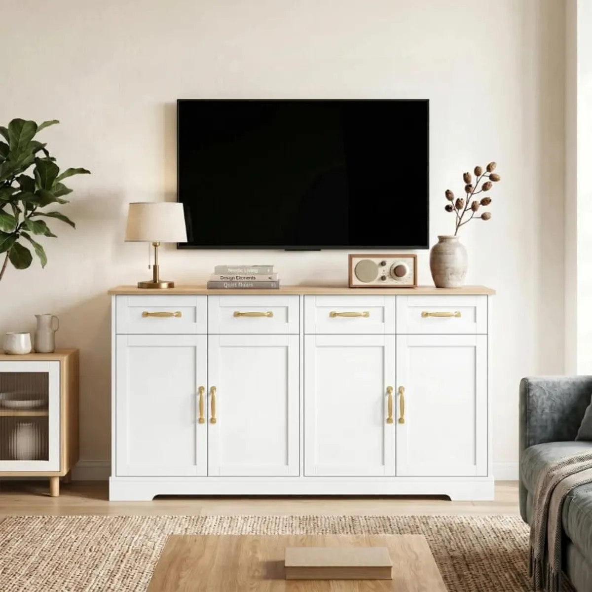 Sideboard Buffet Cabinet, 140 cm Kitchen Storage C - Image 4