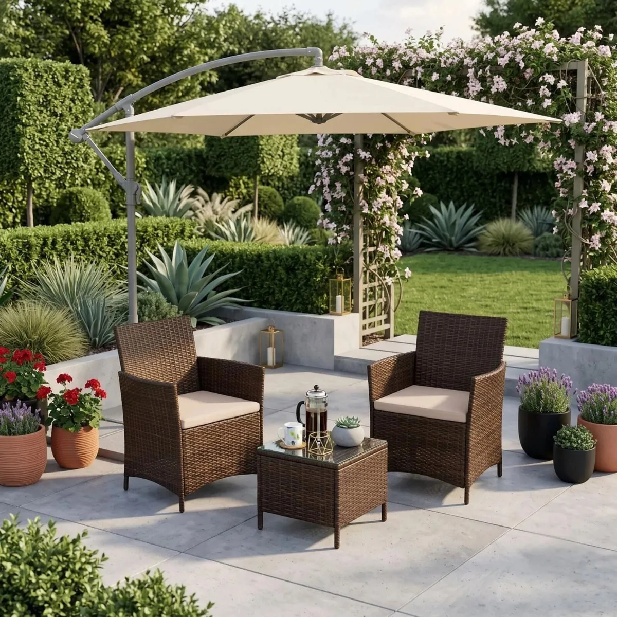 3 Piece Rattan Bistro Garden Furniture Set (Brown) - Image 1