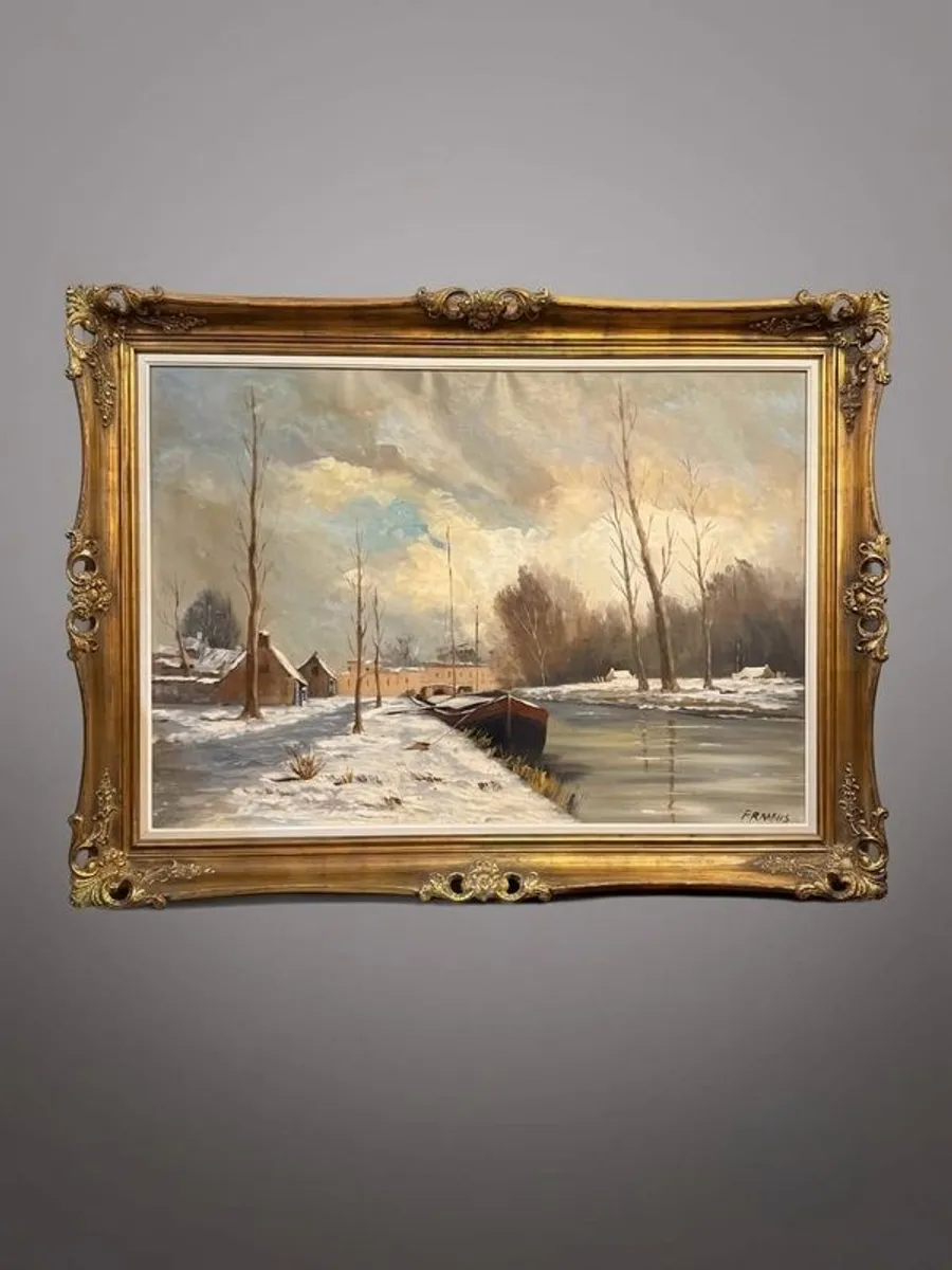 Magnificent Large-Scale Dutch Winter River Landscape Oil Painting - Image 1