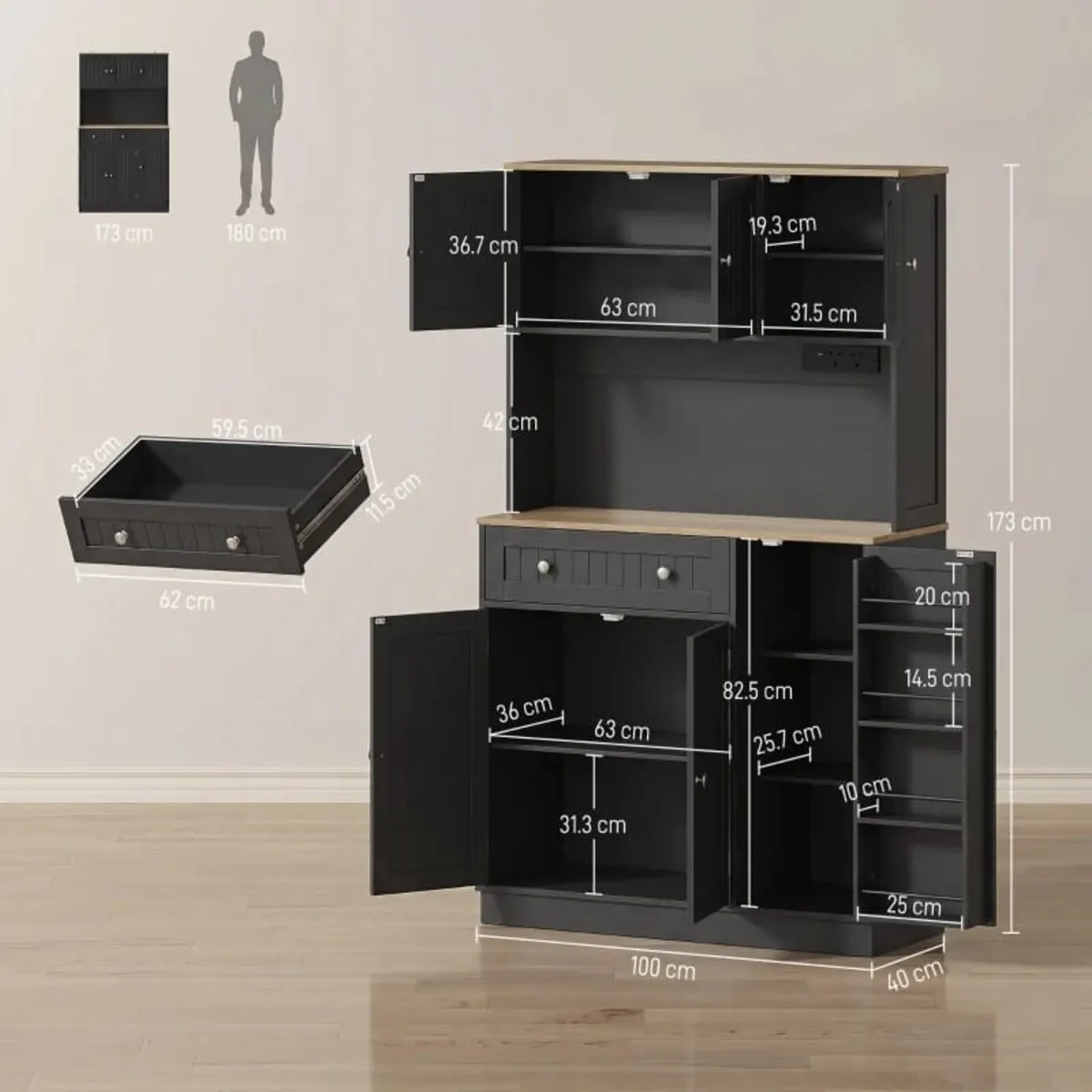 173 cm Tall Kitchen Cupboard with Charging Station - Image 4