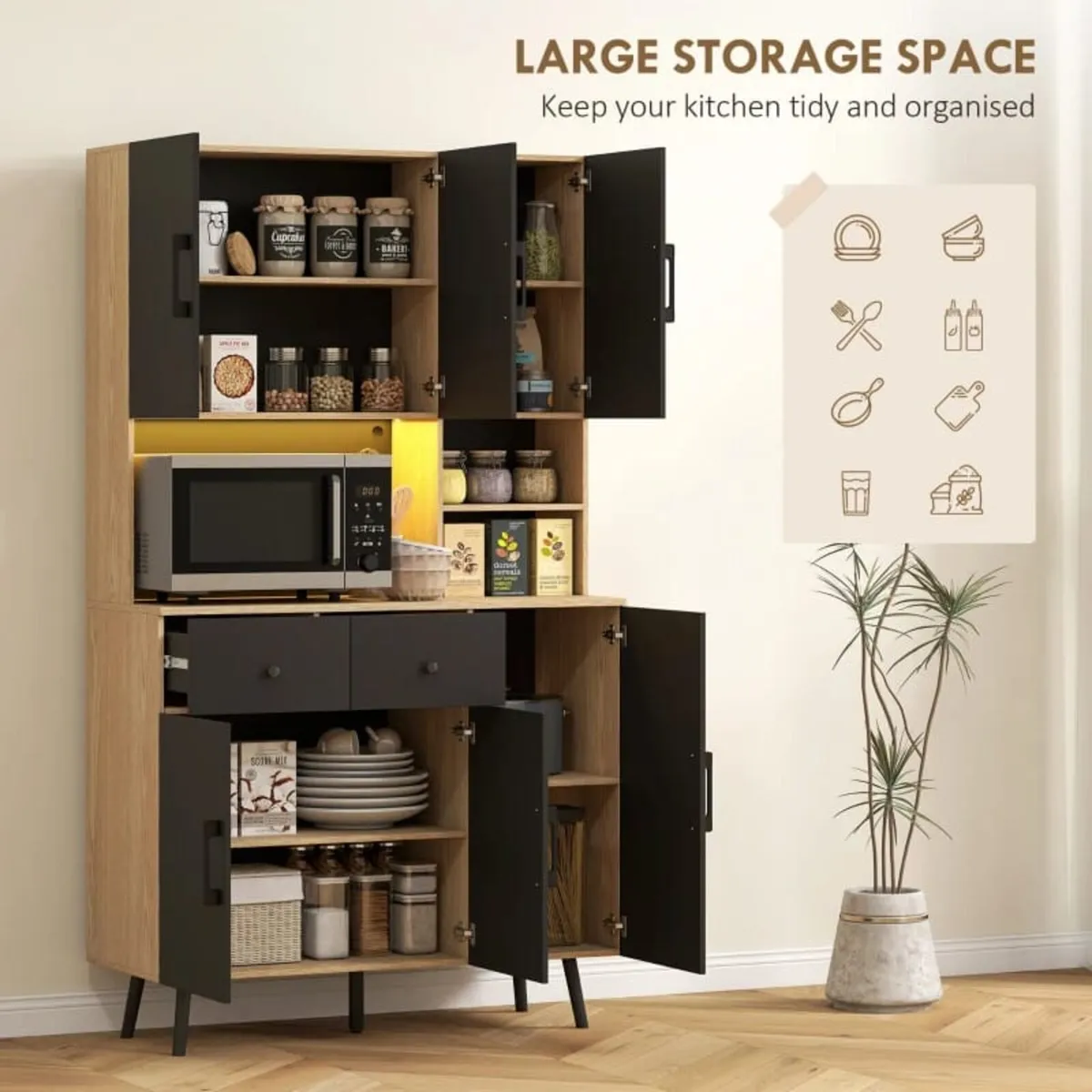 176 cm Kitchen Cupboard with LED Lights - Oak and - Image 2