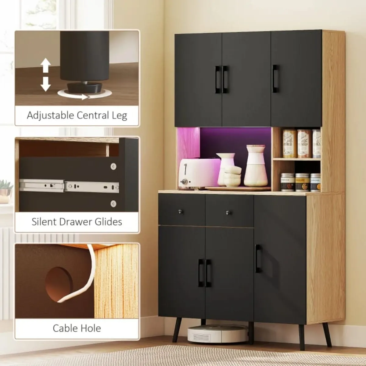 176 cm Kitchen Cupboard with LED Lights - Oak and - Image 3