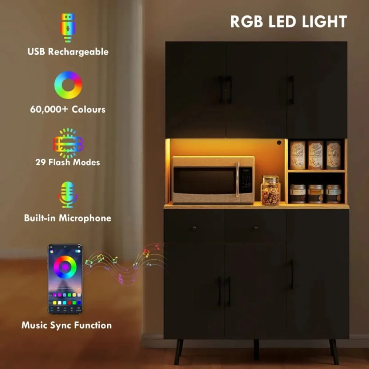 176 cm Kitchen Cupboard with LED Lights - Oak and - Image 4