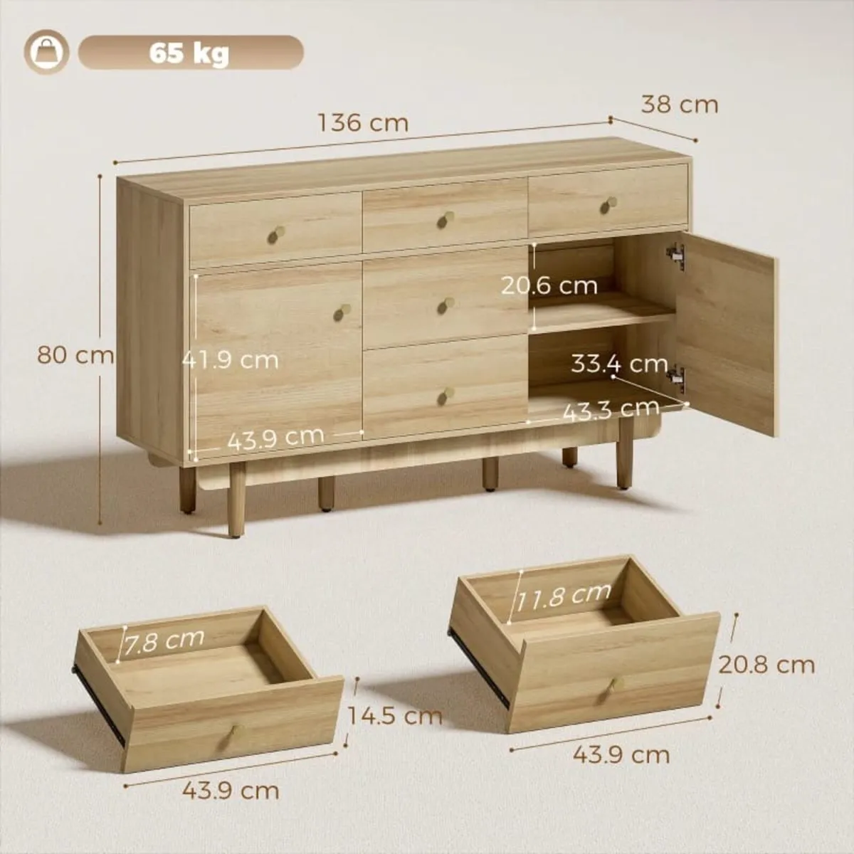 Sideboard with 5 Drawers and 2 Cabinets Buffet Cab - Image 2