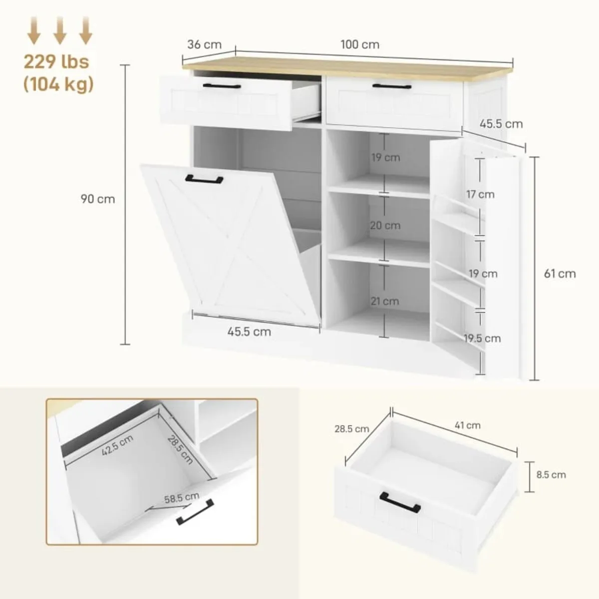 Sideboard with Tilt-out Trash Bin, Farmhouse Kitch - Image 2