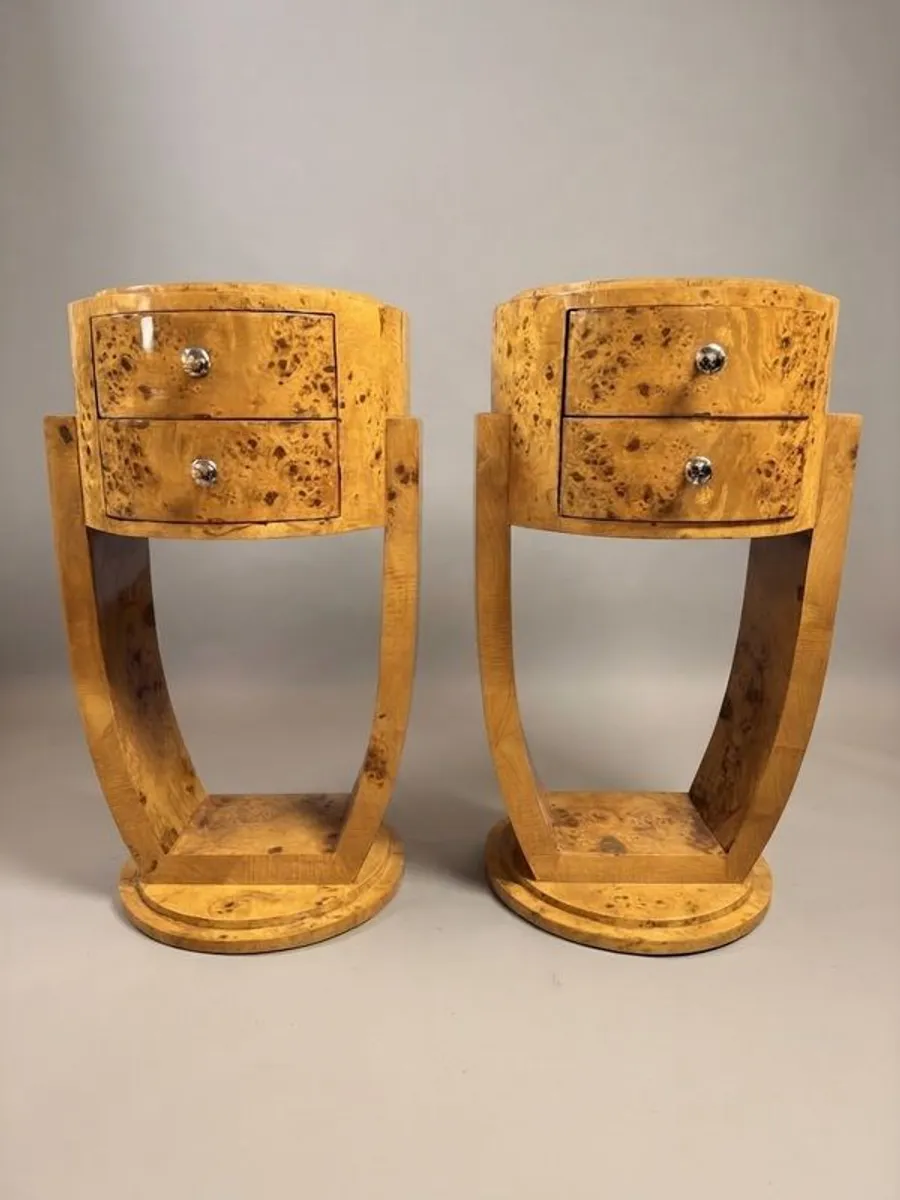 Olive Burl Pair of Art Deco Style Bedside Lockers / Nightstands - Image 1