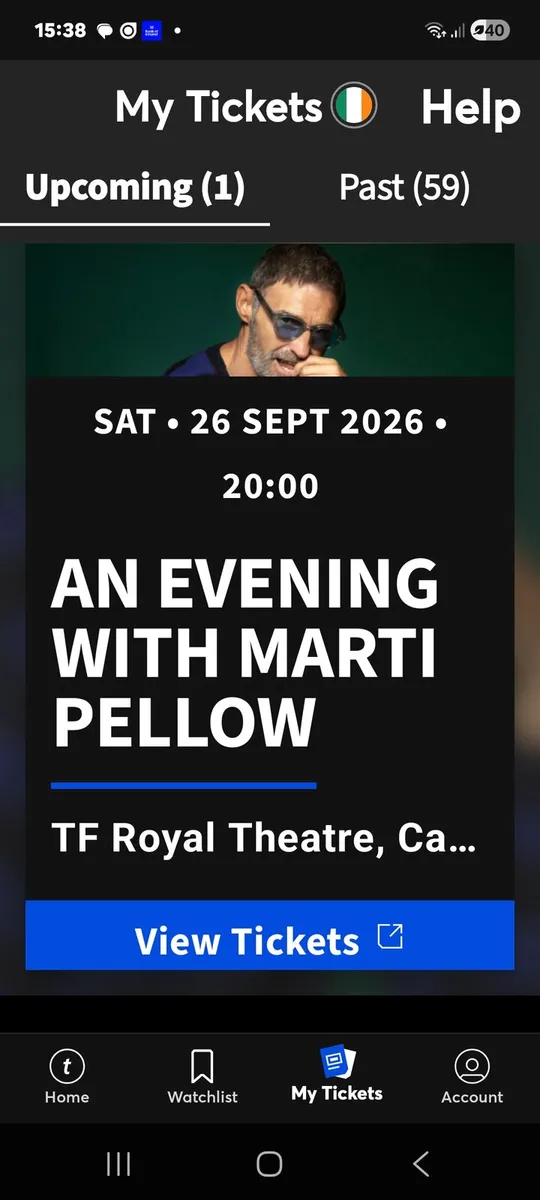 2 tickets to Marty Pellow in Castlebar.