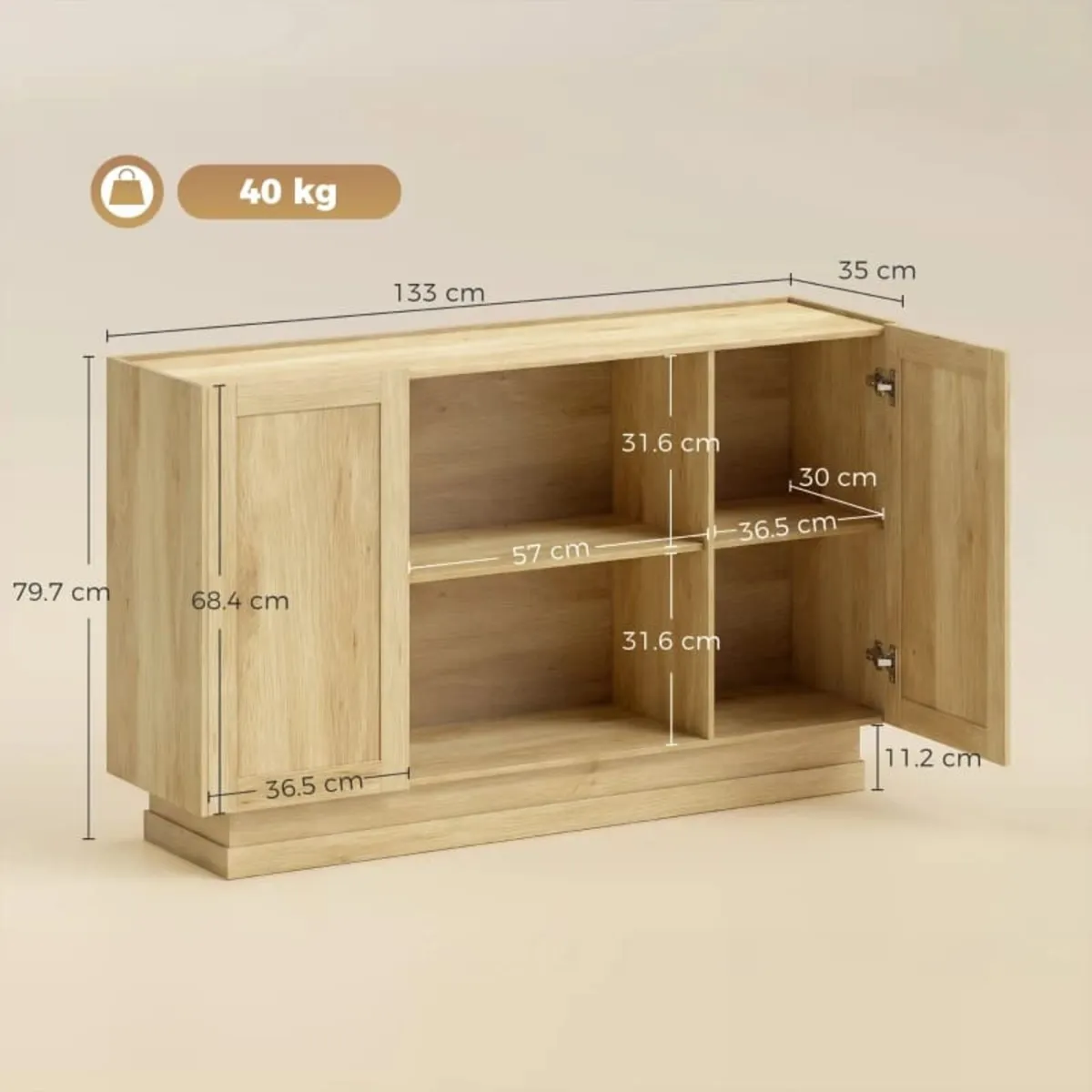 Sideboard Buffet Cabinet, 133 cm Storage Cabinet w - Image 4