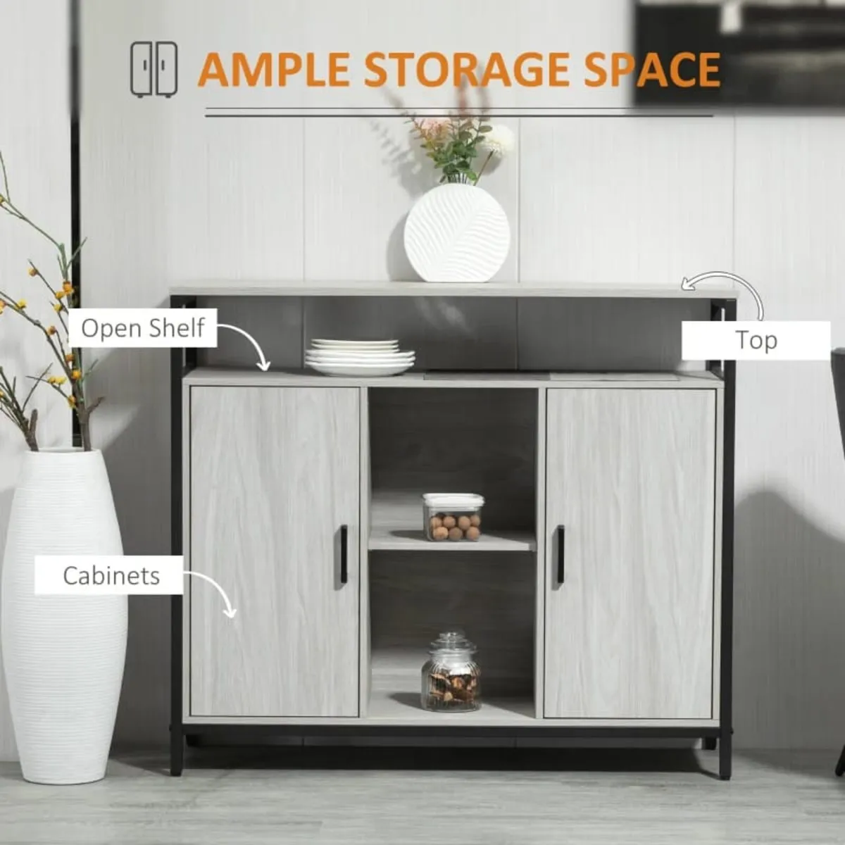 Modern Sideboard, Steel Frame Storage Cabinet with - Image 2