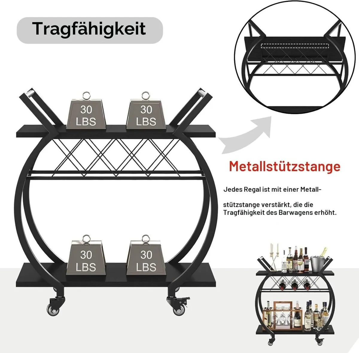 Wine Rack Serving Trolley – Wheeled Bar Cart - Image 4