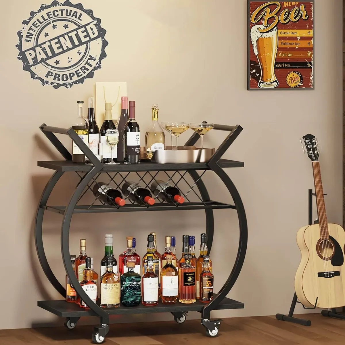 Wine Rack Serving Trolley – Wheeled Bar Cart - Image 3