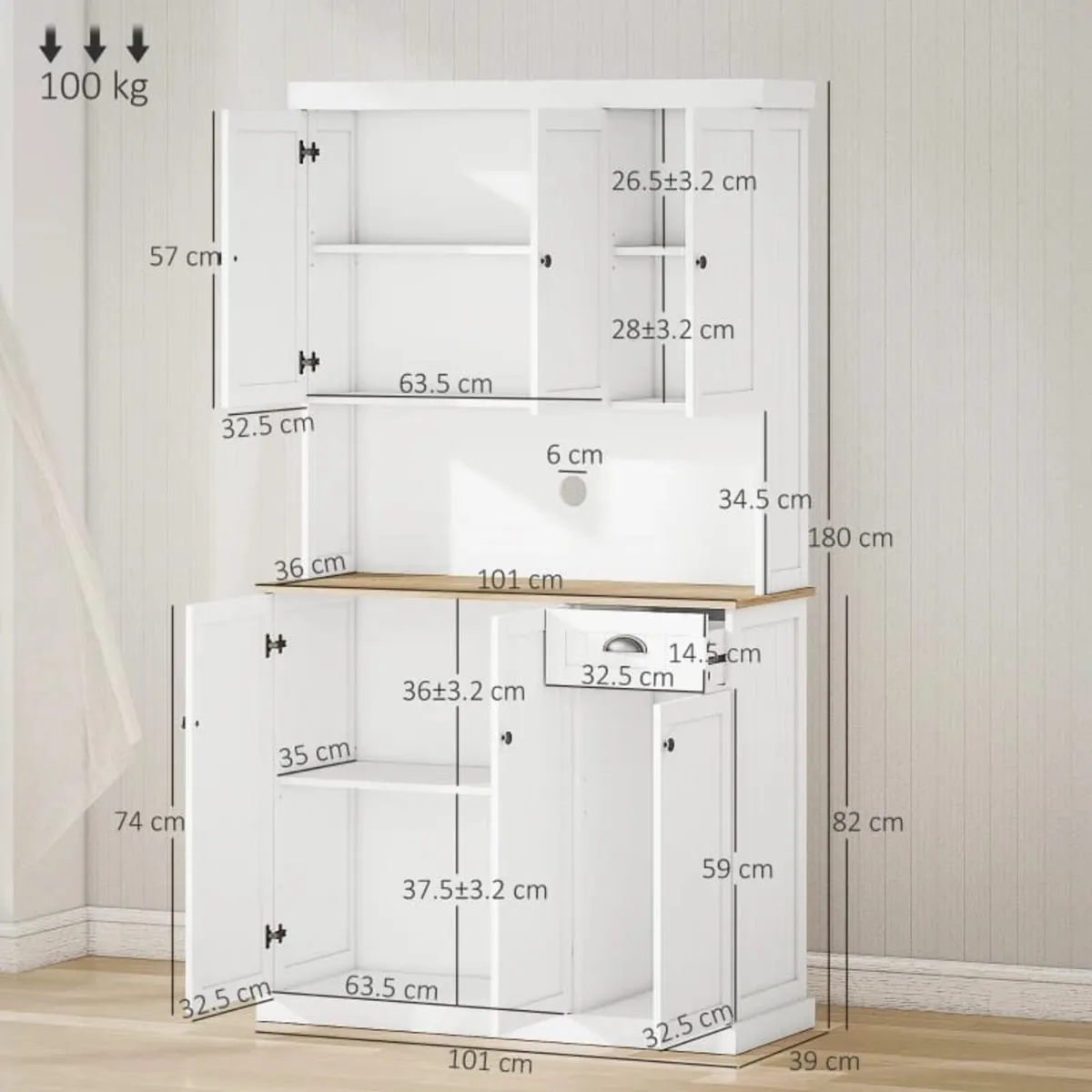 White Kitchen Cabinet 180cm Freestanding Modern St - Image 2