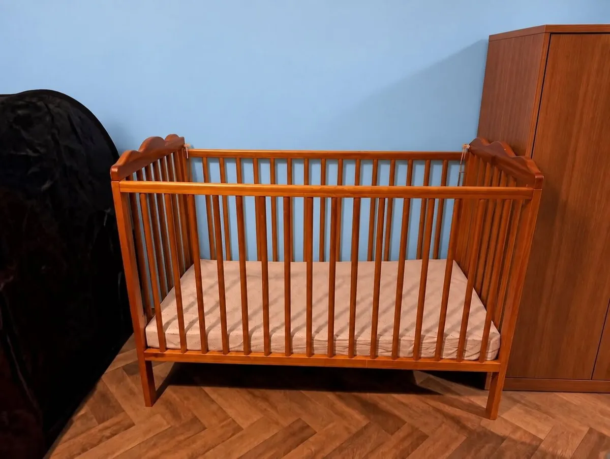 Large Wooden Baby Cot with Mattress – Brown Finish - Image 1