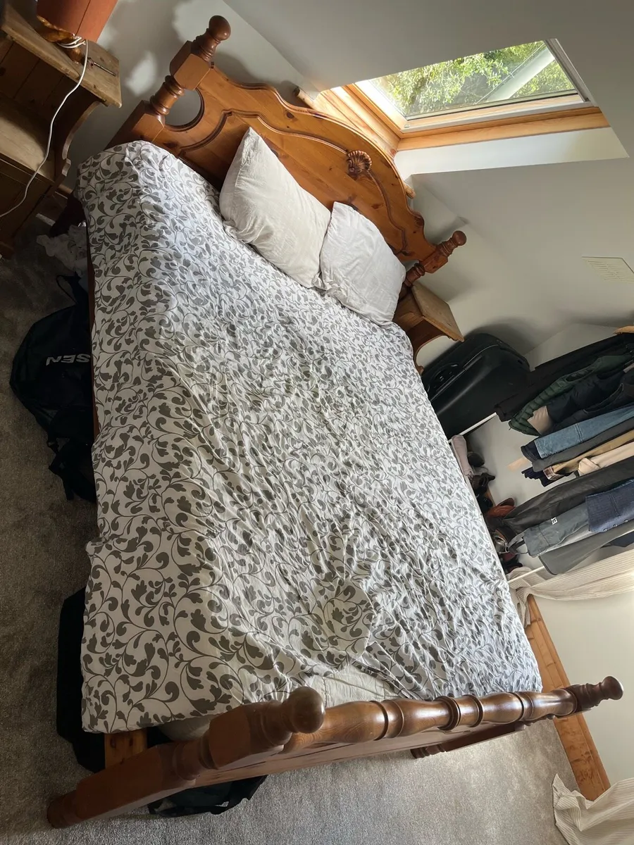 King double timber bed frame and mattress - Image 1