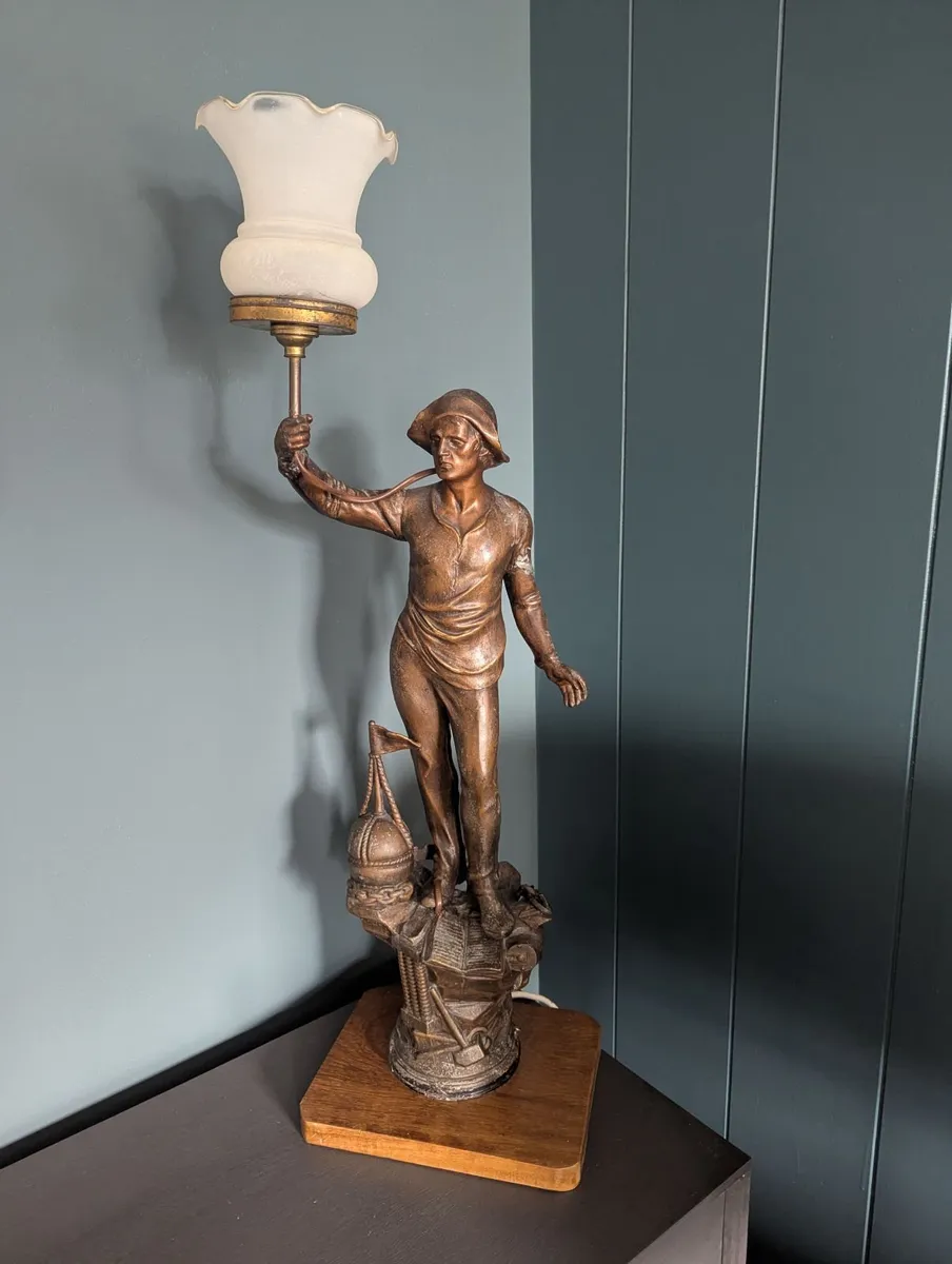 Antique Male Figural Lamp - Frosted Glass Shade - Image 1